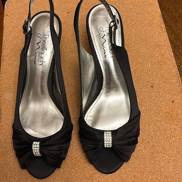 Beautiful satin open toe heels with rhinestone accent. - Picture 1 of 8